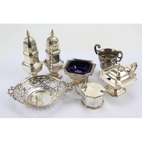 64 - A Georgian Design Plated Cruet Set, a Silver Mustard Pot, Sports Cup and Bonbon Dish.