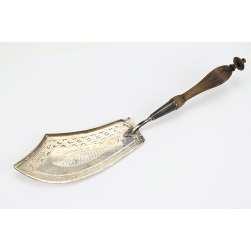 71 - A Silver Swiss fish slice with engraved decoration, makers mark A. CC. P. Minerva's head.