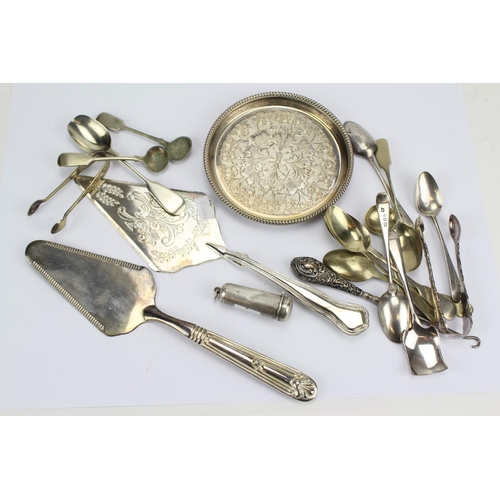 76 - A Silver Engine Turned Cigar Holder Case, Three Silver Tea Spoons, Button Hook and Various Plate.