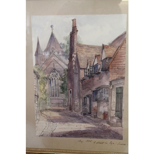 608 - A Water Coloured of a Street in Rye, Sussex, a Church in Devizes and a Water Colour 