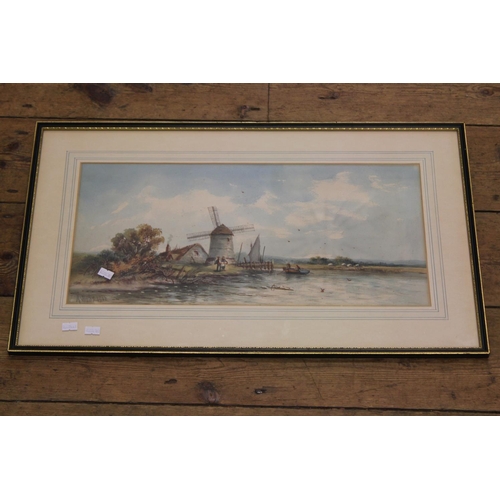 609 - A Late 19th Century Water Colour of a Wind Mill and Cottage Boats in Foreground Signed 