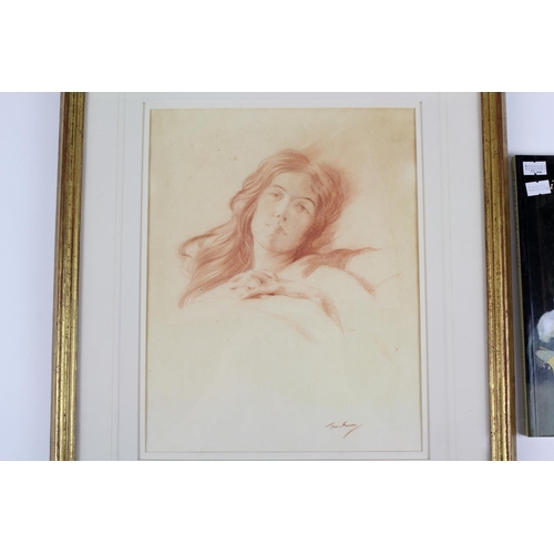 623 - A Scarce James Gunn (1893-1964) sketch in red highlighted picture of a young lady in bed framed and ... 