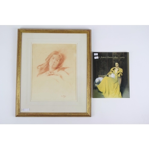 623 - A Scarce James Gunn (1893-1964) sketch in red highlighted picture of a young lady in bed framed and ... 