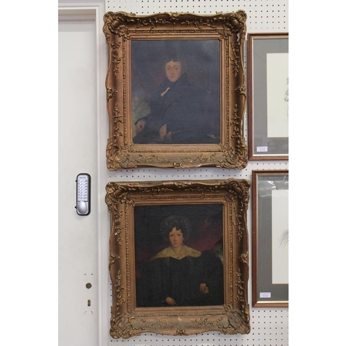 628 - A pair of late 18th century portrait studies of a gentleman and his lady in frock & coat and lace co... 