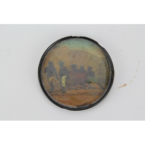 595 - A Stobwasser decorated snuff box lid, depicting slaves & a rum barrel.