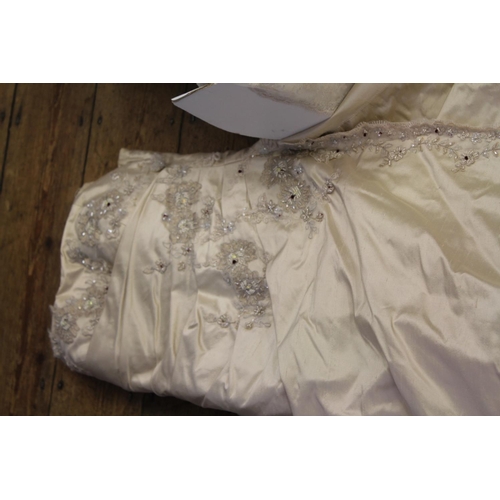 338 - A Ladies Crushed Silk Embroidered Pearl and Glass Set Wedding Dress with Train in Original Box.