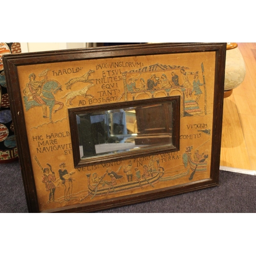 462 - A late Victorian Bayeux Tapestry embroidered mirror with 