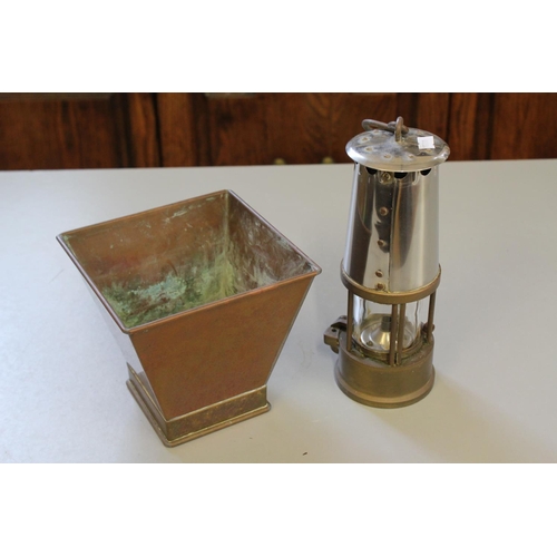 472 - A Miner's Lamp in a Brass and Tin Case, Type 6, B/28 ECCS and a Brass and Copper Jardiniere.