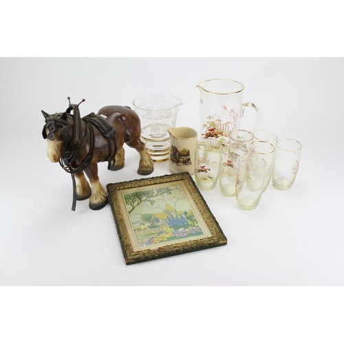 491 - A Stewart enamelled China horse, a needle worked picture, Glasses, etc.