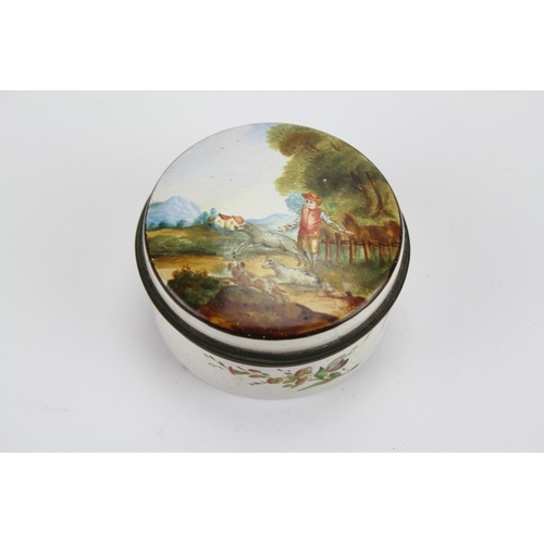 497 - A Late 18th Century Battersea enamelled or Bilston Patch Box decorated with a farmer & Country scene... 