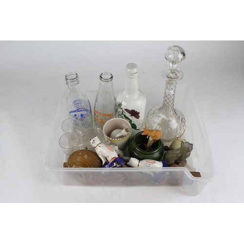 498 - A tray of collectables containing a Glass Decanter, Dairy Bottles, Poole Pottery, 4 x Old Glasses, C... 