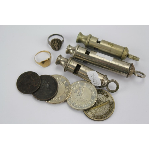 510 - Various Collectables including The Whistle, The Kinglet, Acme, Patent, a Gold Ring, Coins, etc.