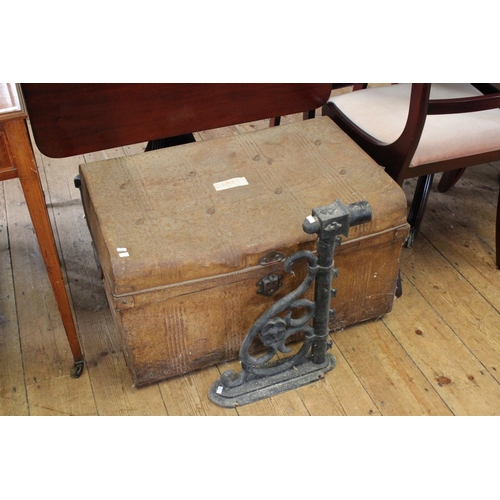 520 - A Late 19th Century Wrought Iron Entrance Hall Lamp Holder and a Tin Cabin Trunk.