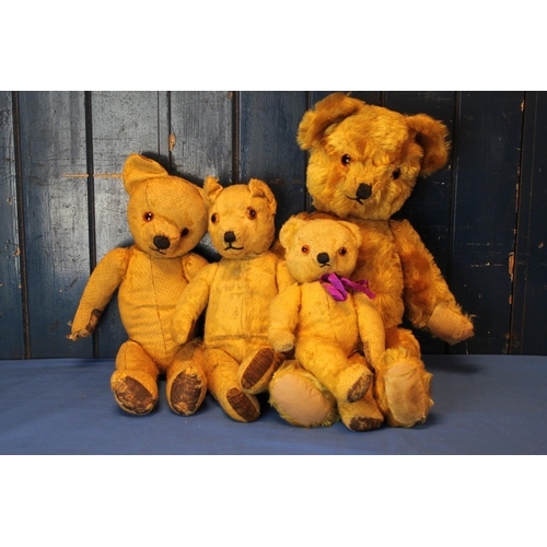 373 - Four jointed mohair and plush teddy bears, three with inoperative squeakers, height of largest 54cm.