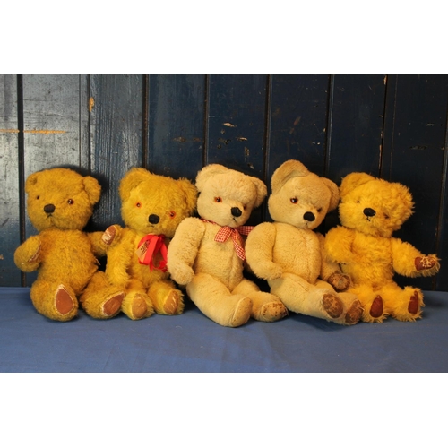 374 - Five jointed plush teddy bears, includes Chad Valley bear with squeaker, height 29cm. Along with 4 o... 