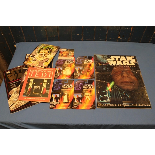 415 - A Collection of Star Wars toys to include: 4 x Star Wars Books, a 1998 Calendar, 4 x Blister Pack Fi... 