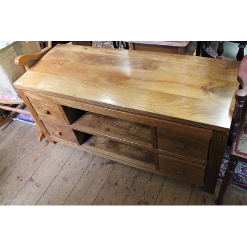 447 - A Reproduction Hardwood Side Table with fitted drawers. Measuring: 118cms wide x 45cms deep x 56cms ... 