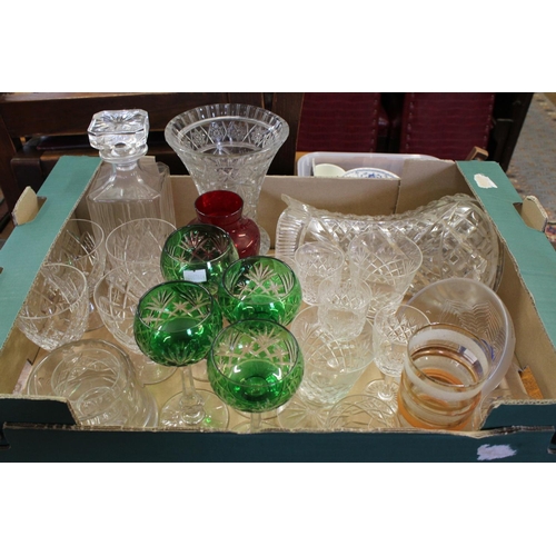 323 - A Set of 4 Green Bowled Cut Glass Stem Cut Hock Glasses, Kosta Boda Bowl, along with a collection of... 