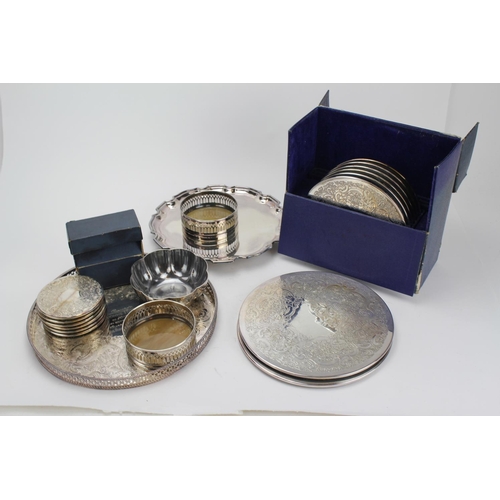 97 - A Box of Silver plated coasters, a tray, Salver, etc.