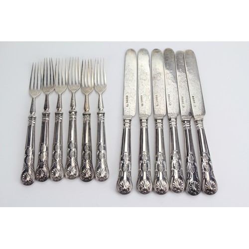 71 - Victorian Silver Desert Knives & Forks with decorated engraved blades, Kings Pattern Handles. 6 of E... 