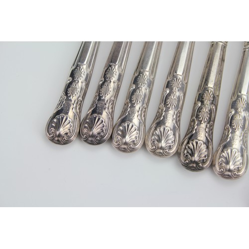 71 - Victorian Silver Desert Knives & Forks with decorated engraved blades, Kings Pattern Handles. 6 of E... 