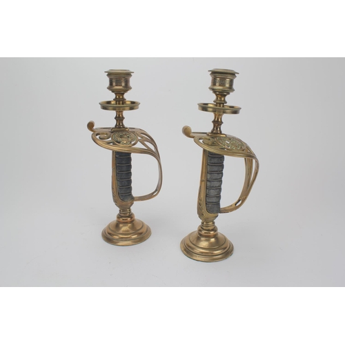 259 - A Pair of Brass Cavalry Dress Sword Handles Mounted as Candle Sticks on Circular Bases, with Shagree... 