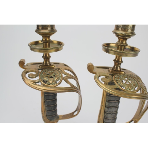 259 - A Pair of Brass Cavalry Dress Sword Handles Mounted as Candle Sticks on Circular Bases, with Shagree... 