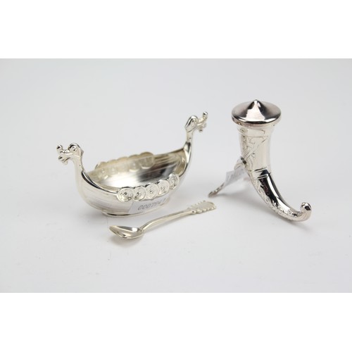 92 - A Norwegian Silver Viking Boat Salt Cellar along with a Silver Pepperette.