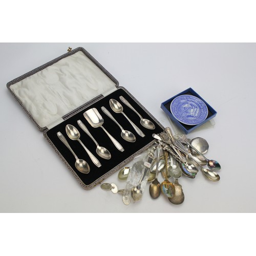 87 - A Silver spoon, Silver Cufflinks, Silver plated topographical Spoons, etc.