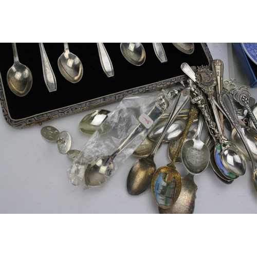 87 - A Silver spoon, Silver Cufflinks, Silver plated topographical Spoons, etc.