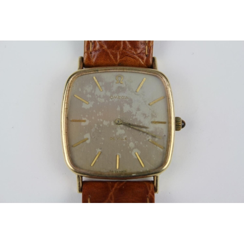 195 - A 9ct Gold Omega De Ville Watch with Brown Leather Strap.