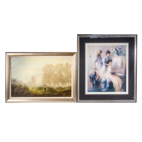 139 - A Signed oil on canvas of a young boy in a meadow along with a signed print depicting 3 women.