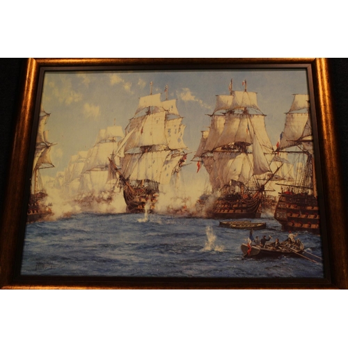 156 - A Montague Dawson Print of the Battle of Trafalgar, her majesty the queen Print and a chromolithogra... 