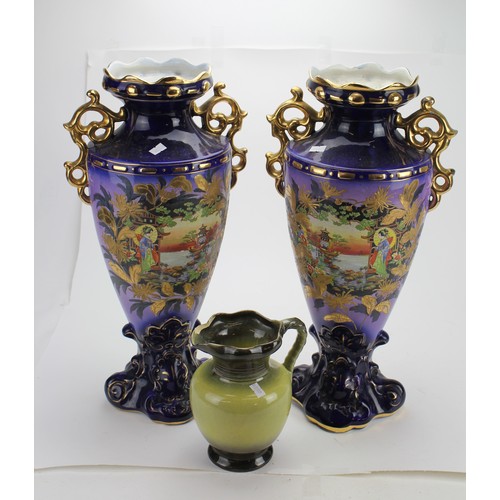 126 - A large Pair of Victorian Transfer decorated drawing room vases along with a jug. Vases Measure: 50c... 