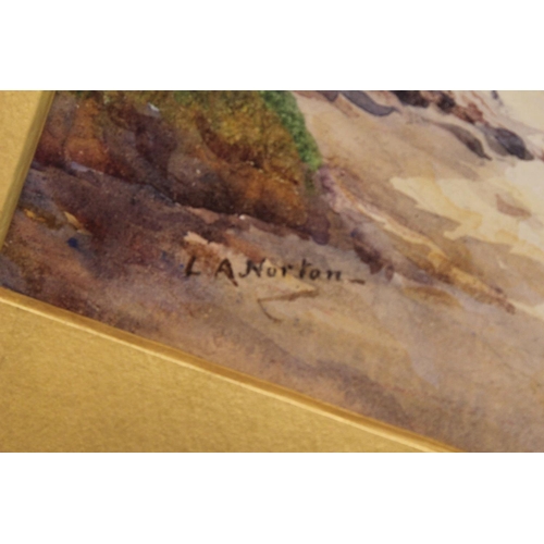 148 - A water colour depicting a coastal scene signed L.A. Norton & one other water colour depicting a for... 