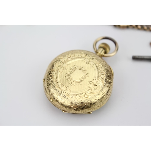 69 - A Late Victorian Gold Albatime along with a Swiss Made 18ct Gold Pocket Watch with engraved centre &... 