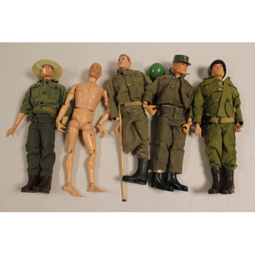 211 - 5 x Original 1970s Action Man figures, 4 clothed & 1 with no clothes. Wear to Action Men.