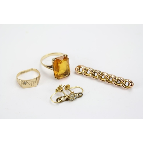 72 - A Ladies 9ct Gold Ring set with a brown stone, a 9ct Gold Dress Ring & a Gold Curb brooch.