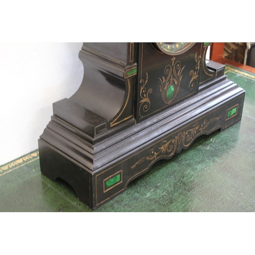 198 - A late Victorian slate and marble cased mantle clock with visible escapement, gilt face, roman dial.... 