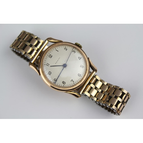 227 - A 14ct Gold Gent's Zenith Watch with a Cream Face, Gold Coloured Strap. (Writing on Case).