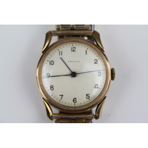 227 - A 14ct Gold Gent's Zenith Watch with a Cream Face, Gold Coloured Strap. (Writing on Case).