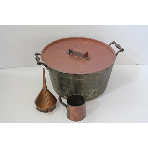 554 - A Regency design Brass handled Jam Pan along with a Copper Funnel & a Mug.