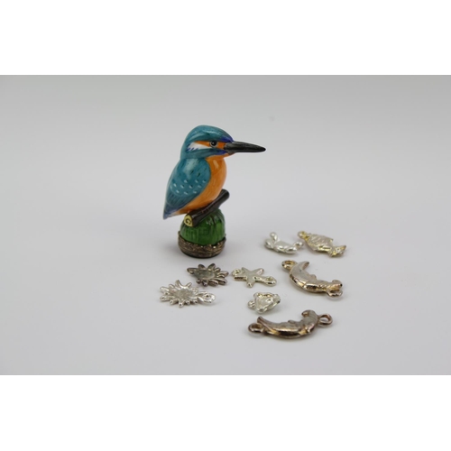 455 - An enamelled King Fisher, makers mark HD England, SS silver mounted and blood stone seal along with ... 