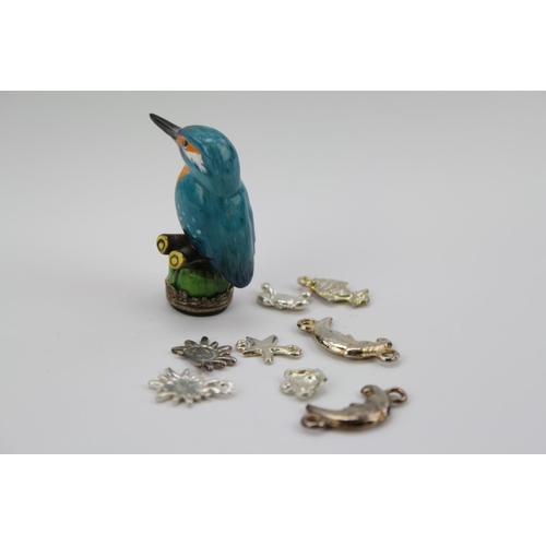 455 - An enamelled King Fisher, makers mark HD England, SS silver mounted and blood stone seal along with ... 