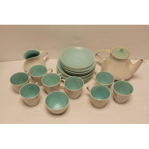 466 - A Poole Pottery Tea Set for 8 finished in Pale Green & White to include a Tea Pot, Milk Jug, Side Pl... 