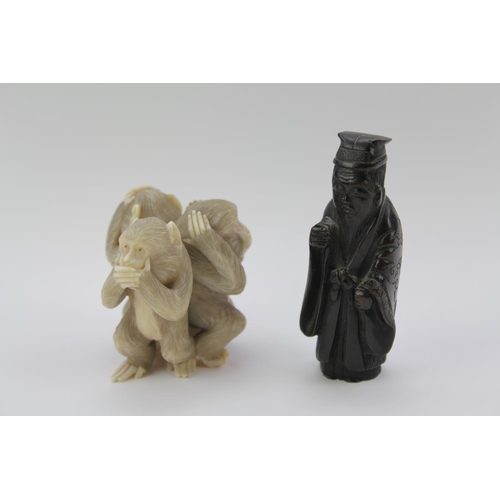 209 - A Japanese carved Ivory study of three wise monkeys with humorous details along with a bronze study ... 