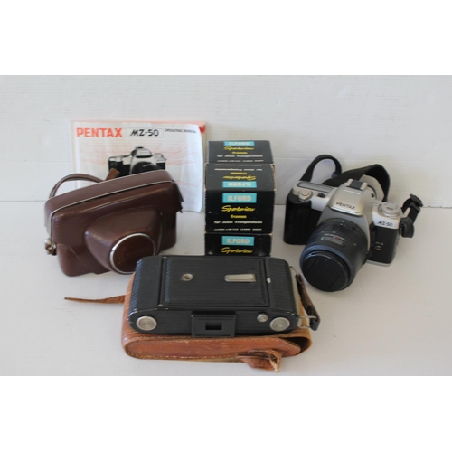 537 - A Collection of Cameras to include Pentax 1456, Zeiss Ikon, Mamiya along with 4 boxed Ilford Sportsv... 