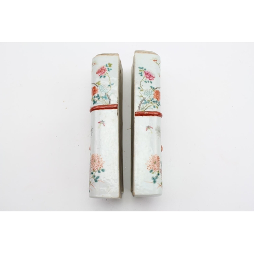 179 - A Pair of Chinese wall pockets designed as scroll holders in pale celadon floral decorated and bow t... 