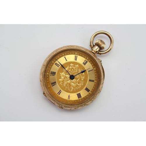 126 - A Ladies Swiss 14K marked pocket watch with engraved chapter ring.