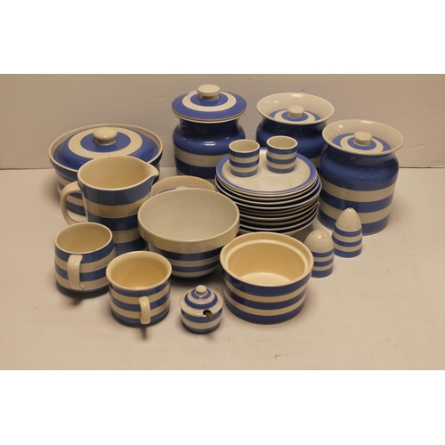 510 - T. G. Green Limited, Blue banded pottery to include storage jars, bowls, Saucers, Cups, Salt & Peppe... 